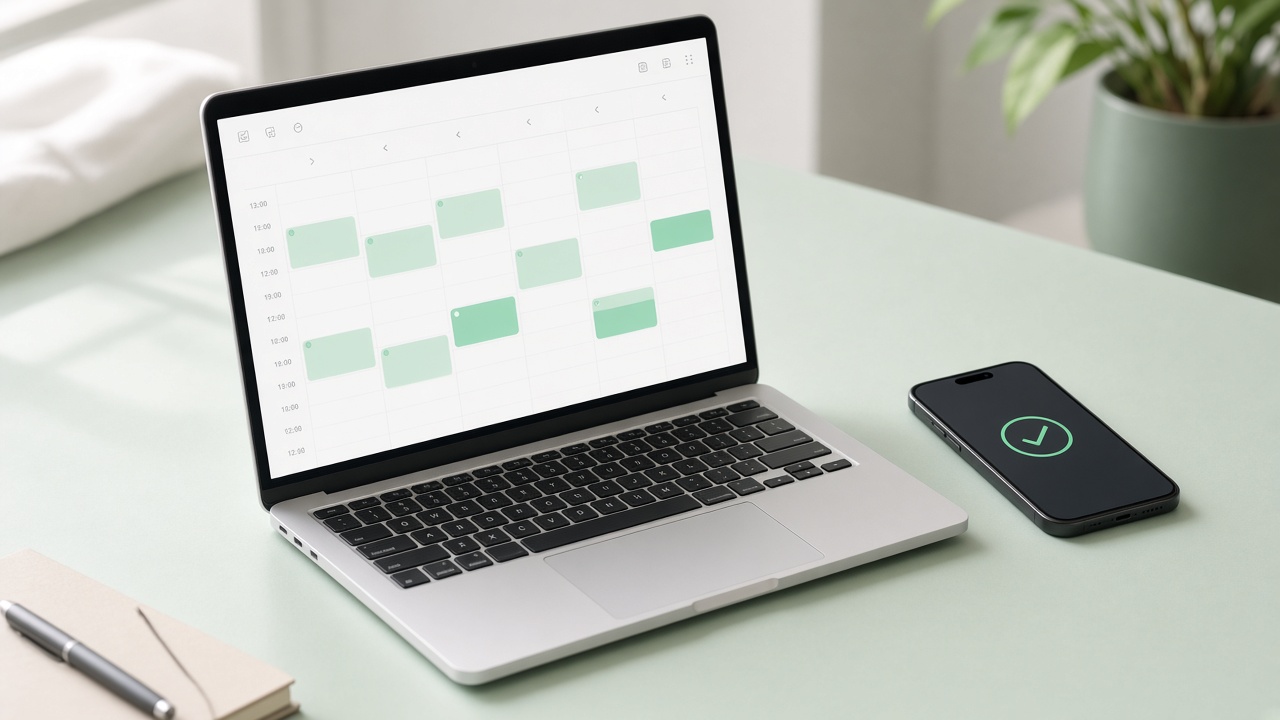Laptop calendar and phone confirmation for a booked meeting