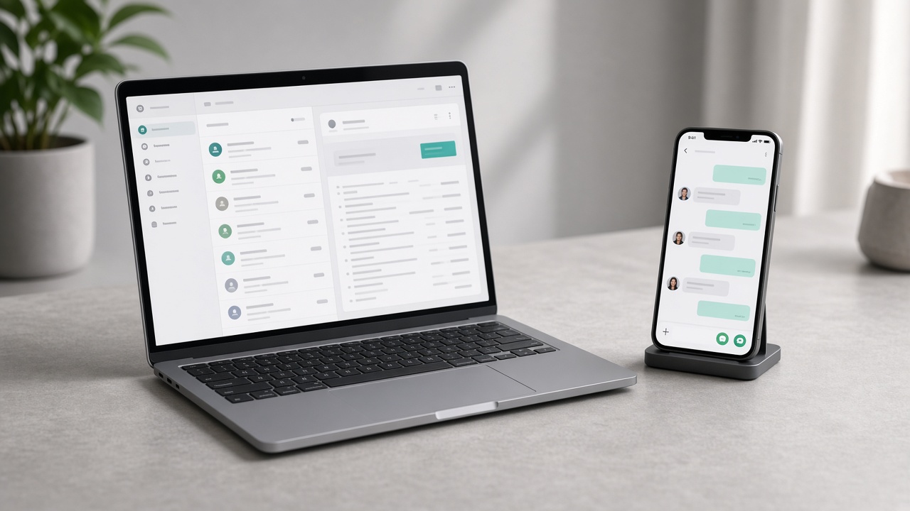 Laptop inbox beside a phone with chat threads