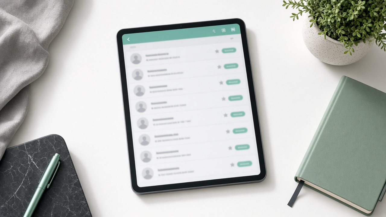 Tablet with a filtered contact list on a clean desk