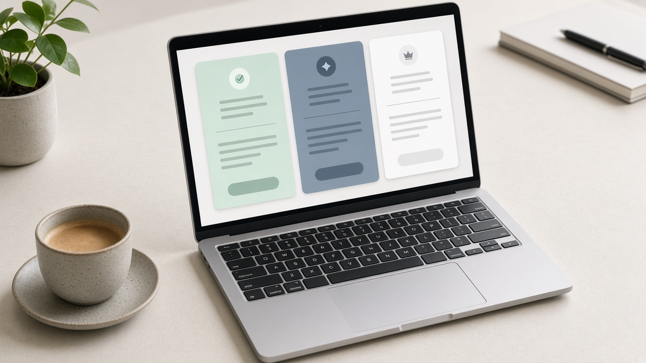 Three plan columns on a laptop next to a coffee cup