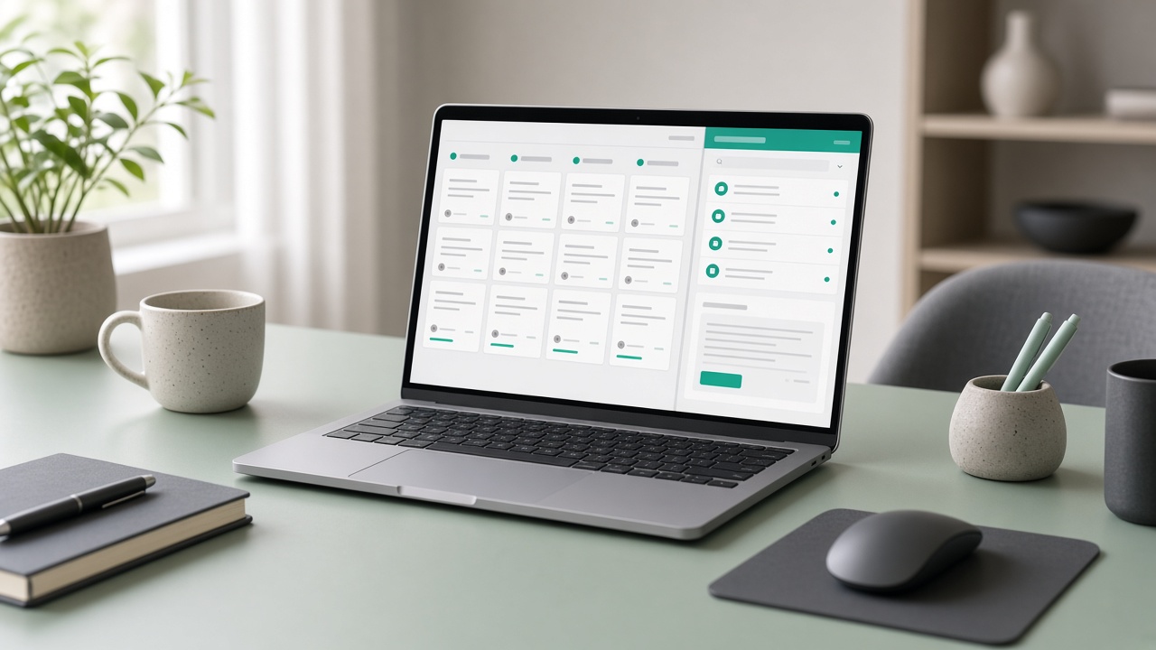 Laptop on a mint desk showing a pipeline and inbox in one workspace