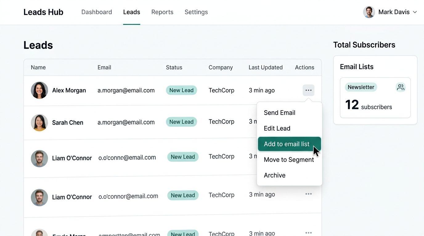 Lead row menu with add to email list selected