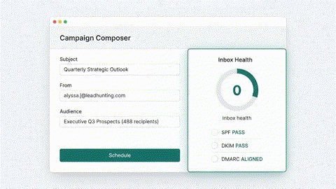 Campaign composer with subject, from address, audience, and inbox health
