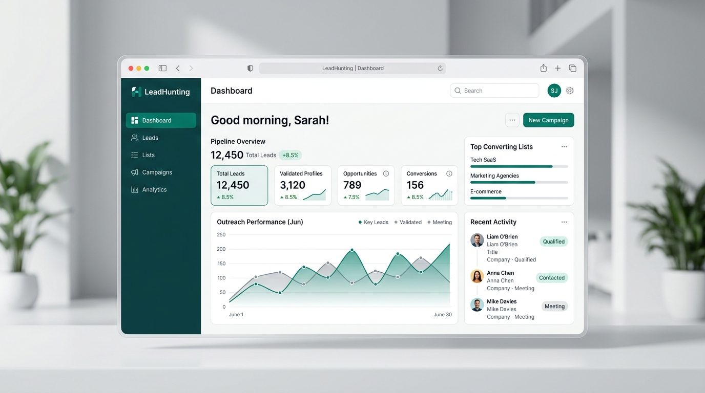 LeadHunting dashboard with pipeline overview and outreach performance