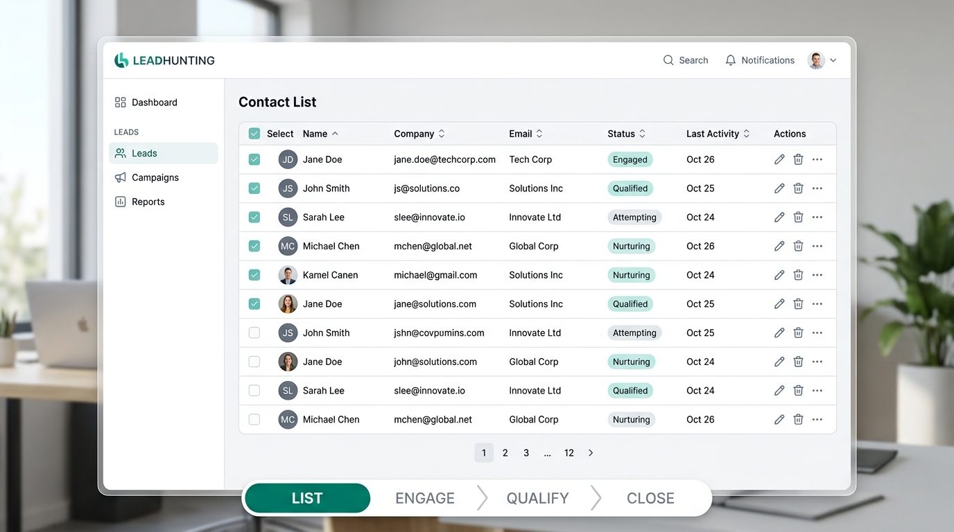 Contact list with company, email, status, and activity columns