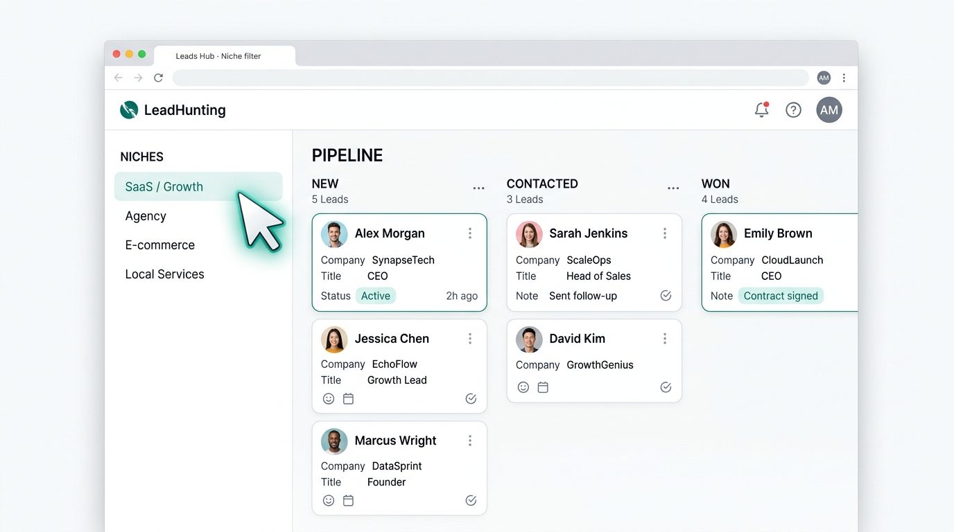 Niche filter for SaaS growth beside a pipeline board