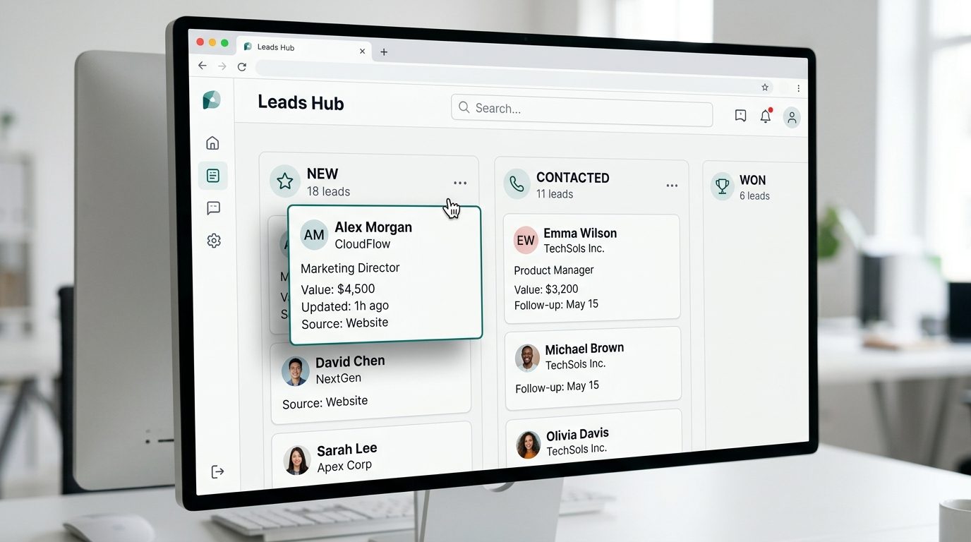 Deal board with new, contacted, and won columns