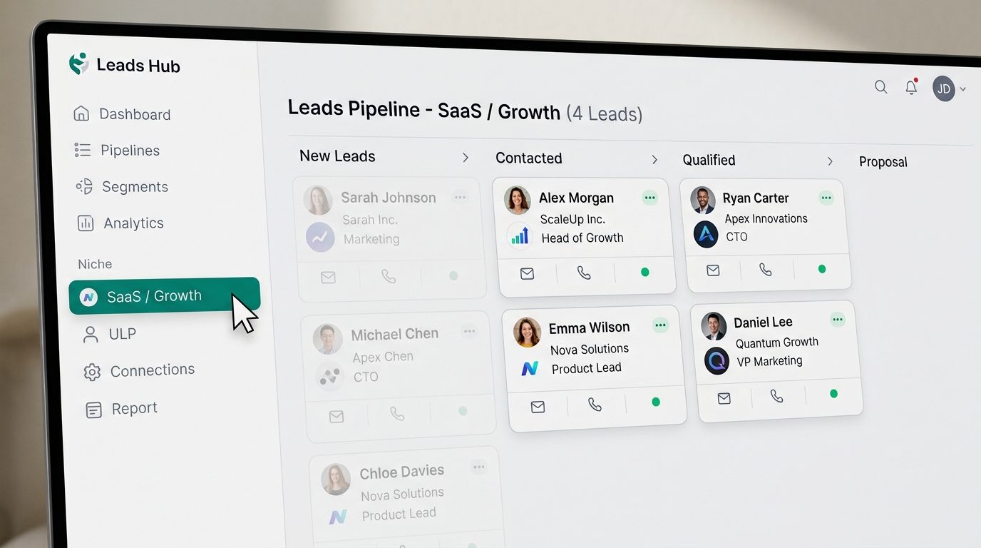 SaaS growth pipeline columns for new, contacted, and qualified leads